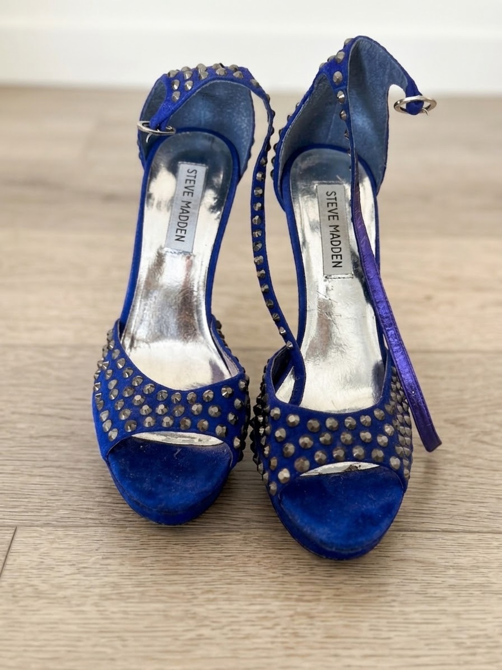 Steve Madden Blue Studded Open-Toe Ankle-Strap Heels